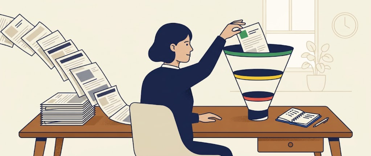 Illustration of a person at a desk feeding job postings into a funnel with green, yellow, and red bands, beside a large stack of unread postings